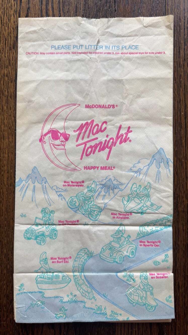 VINTAGE 7” x 13.75” ‘80s McDonald's Mac Tonight Happy Meal Paper Bag Relay Race